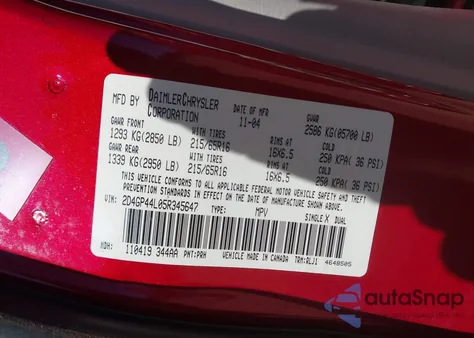 2005 Dodge Grand Caravan Sxt z USA, uszkodzony, nr VIN 2D4GP44L05R345647